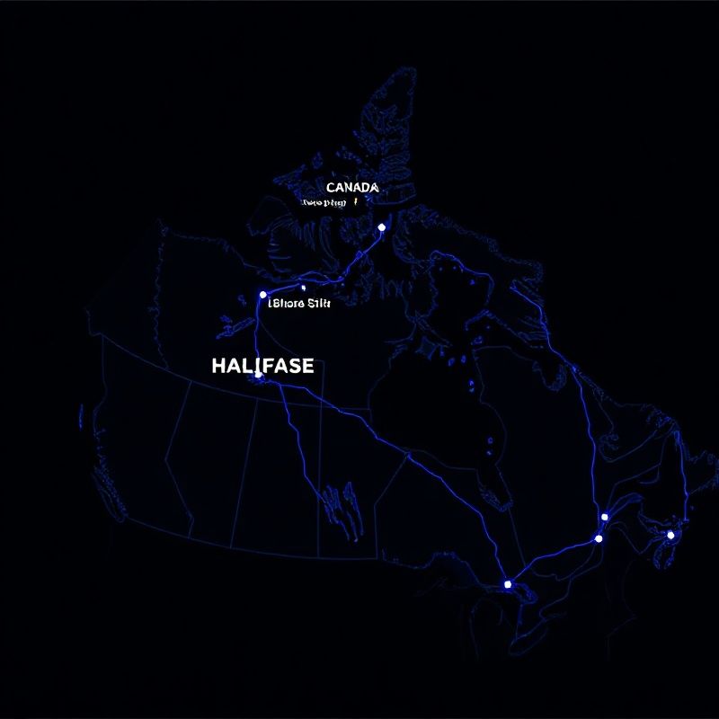 Stylised Canada map with indigo route lines connecting Halifax to major cities and transatlantic corridors