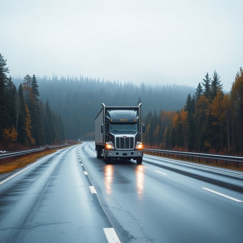 Long-haul transport truck on the Trans-Canada Highway in autumn